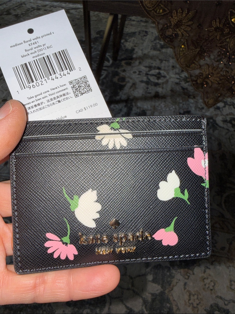 kate spade black floral card holder with white and pink blooms - Picture 1 of 6
